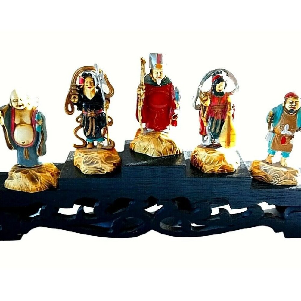 Five Lucky Japanese God Figurines Stand Arts Health Youth Warriors Fishing